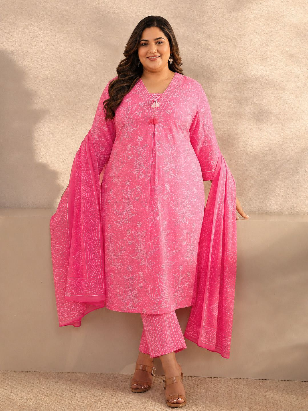  Plus Size Pink Bandhani Printed Cotton Straight Suit Set With Dupatta 