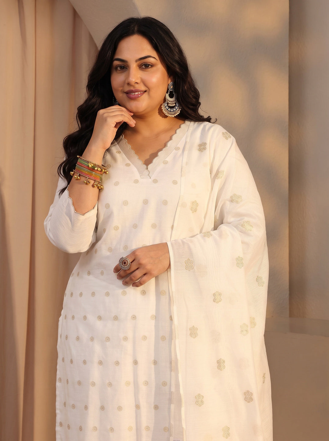  Plus Size Kamakshi White Woven Design Chanderi Silk Straight Suit Set With Dupatta 