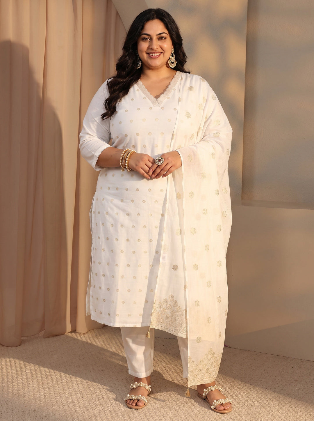  Plus Size Kamakshi White Woven Design Chanderi Silk Straight Suit Set With Dupatta 