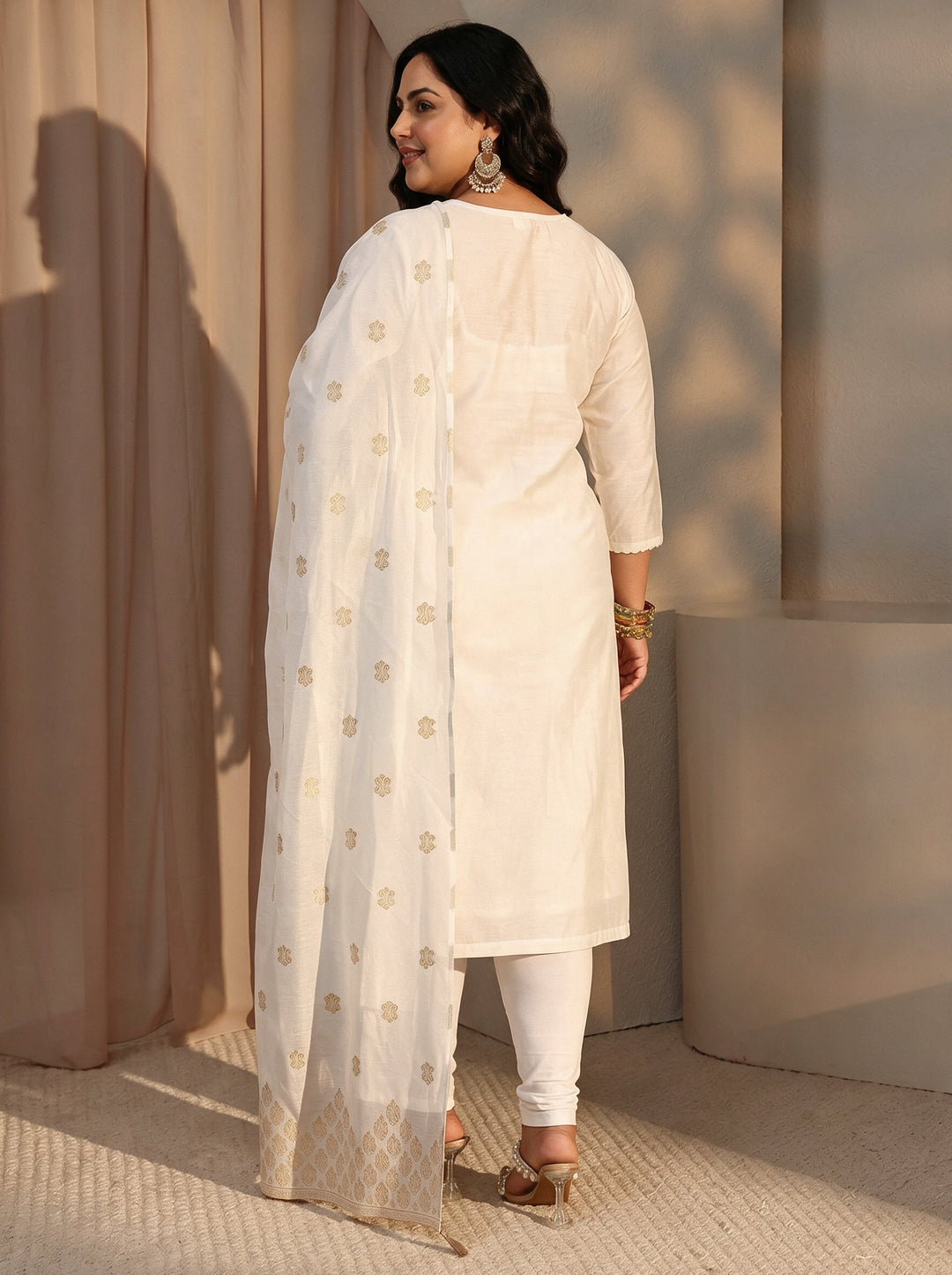  Plus Size Kamakshi White Woven Design Chanderi Silk Straight Suit Set With Dupatta 