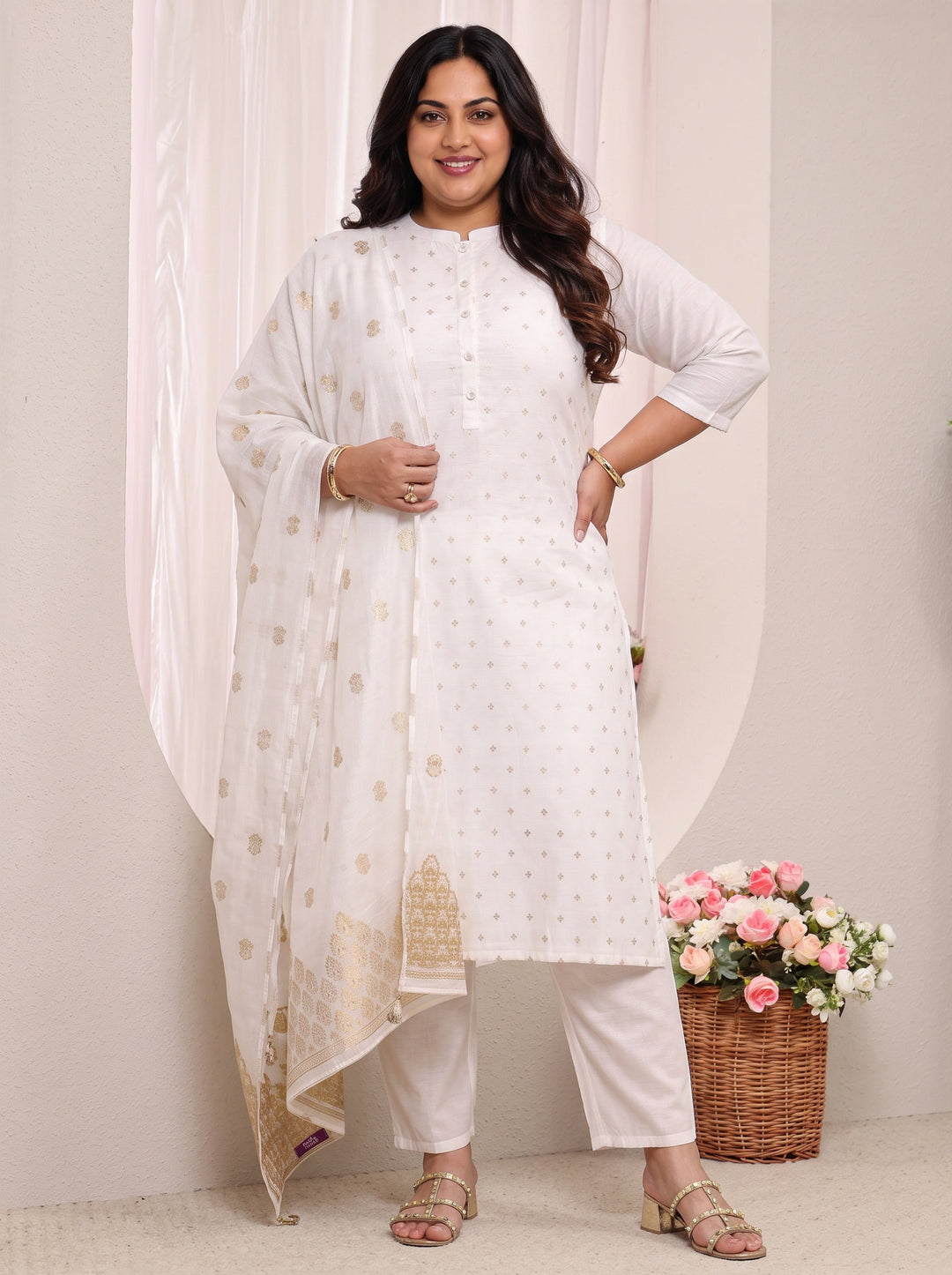  Plus Size White Ethnic Woven Design Chanderi Silk Straight Suit Set With Dupatta 