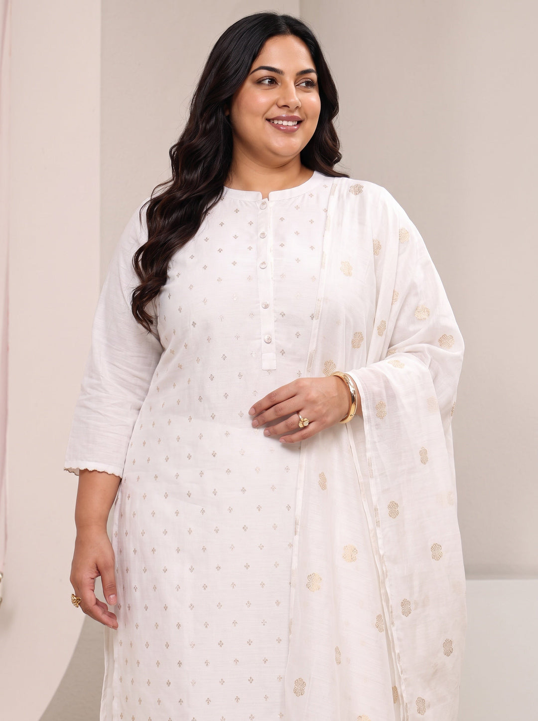  Plus Size White Ethnic Woven Design Chanderi Silk Straight Suit Set With Dupatta 