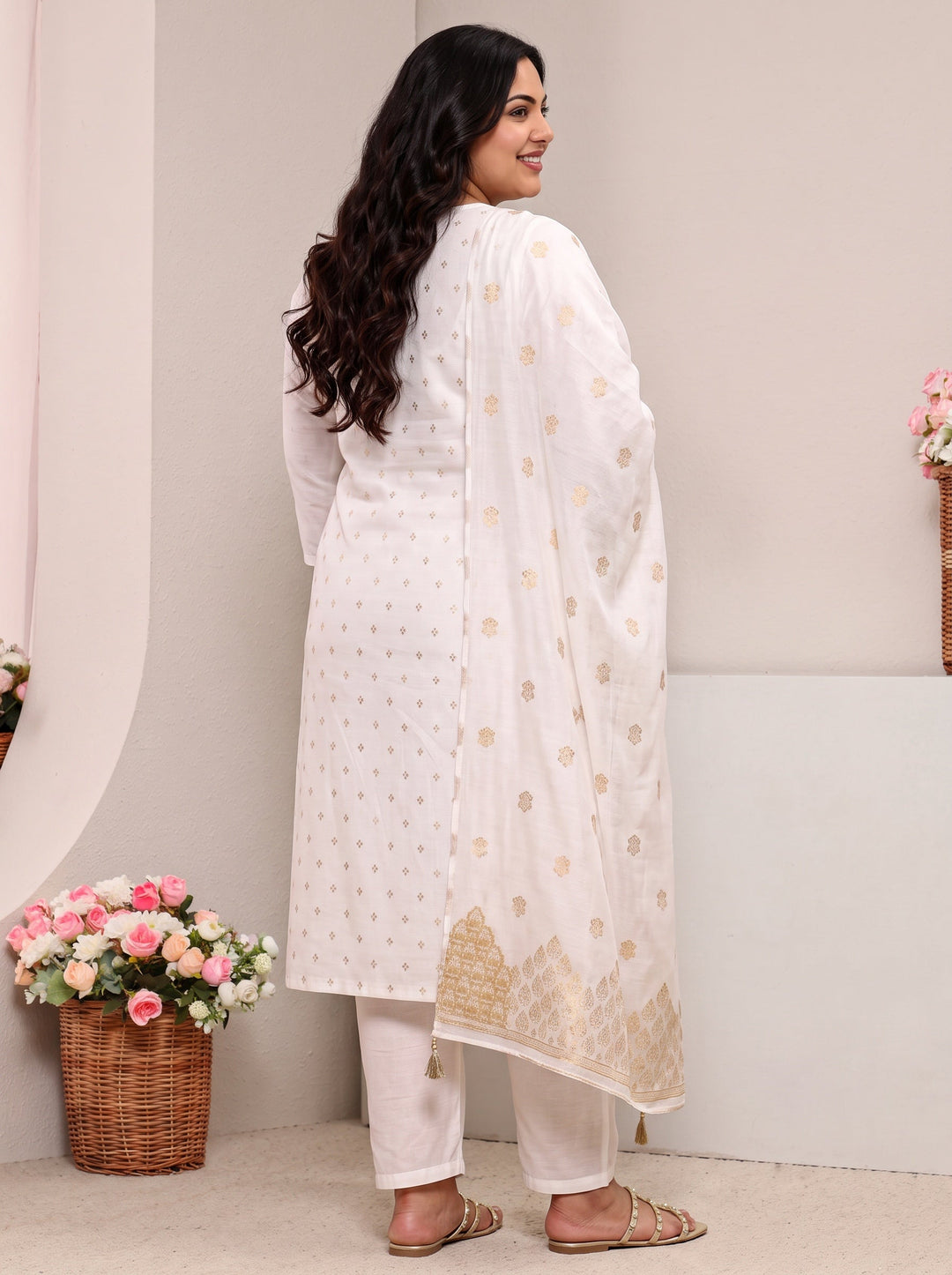 Plus Size White Ethnic Woven Design Chanderi Silk Straight Suit Set With Dupatta 