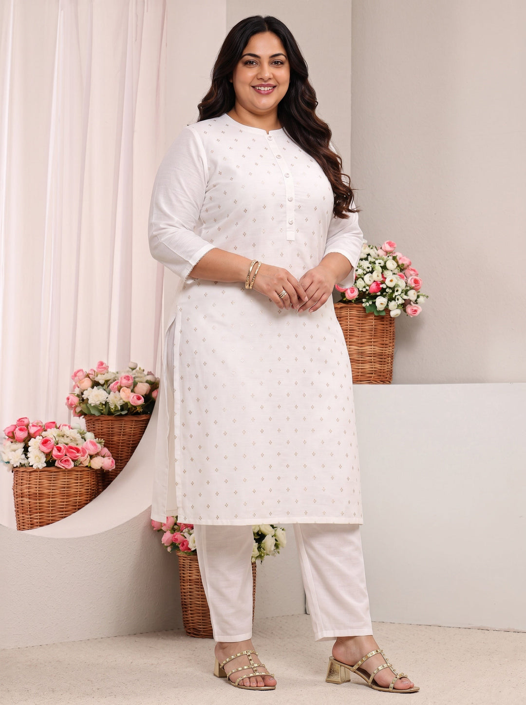  Plus Size White Ethnic Woven Design Chanderi Silk Straight Suit Set With Dupatta 