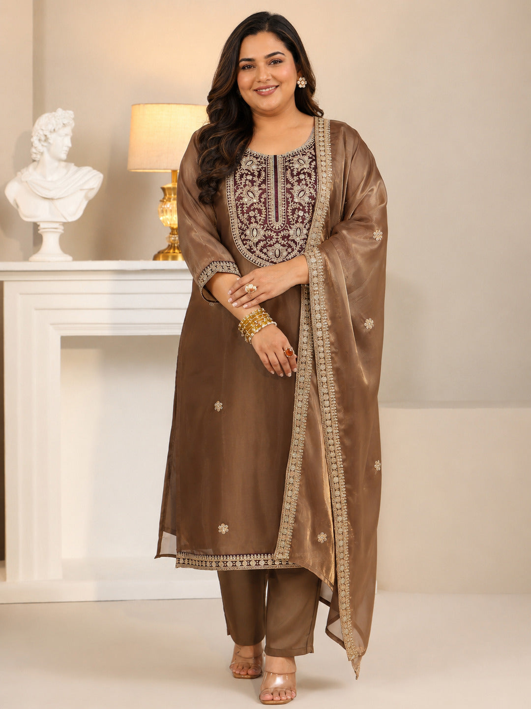  Plus Size Taupe Tissue Straight Suit Set with Embellished Yoke 