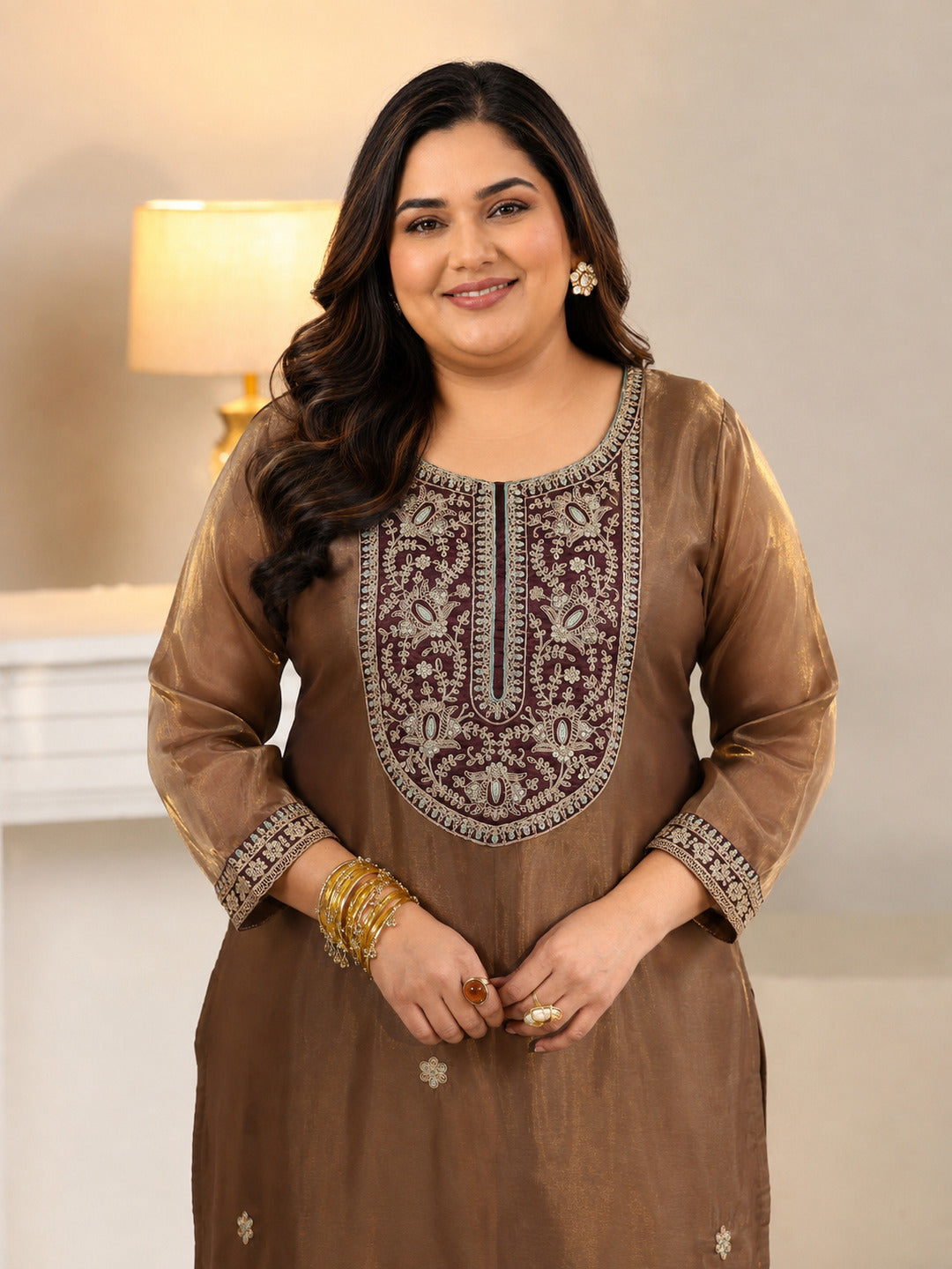  Plus Size Taupe Tissue Straight Suit Set with Embellished Yoke 