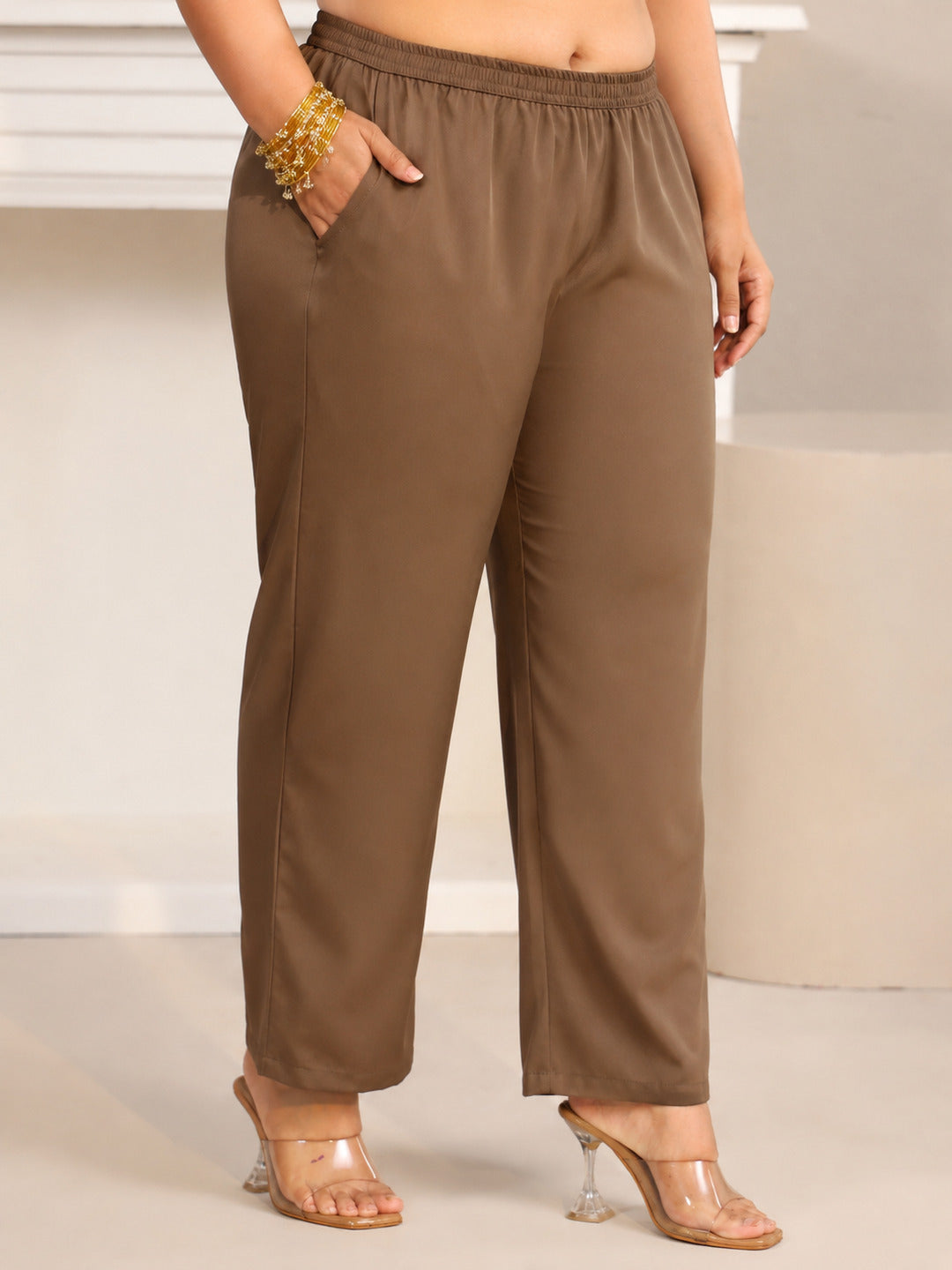  Plus Size Taupe Tissue Straight Suit Set with Embellished Yoke 