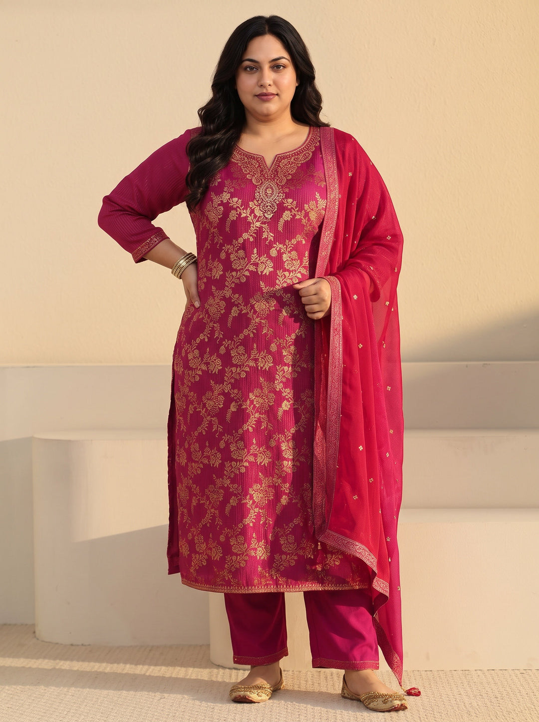  Plus Size Rani Pink Floral Embroidered Silk Blend Straight Suit Set 