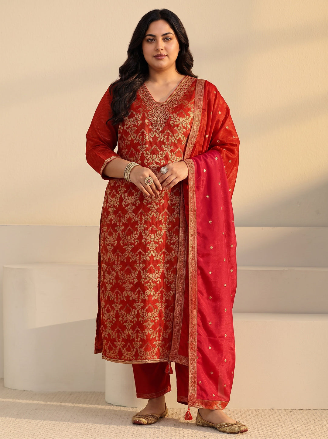  Plus Size Orange Floral Embroidered Silk Blend Straight Suit Set 