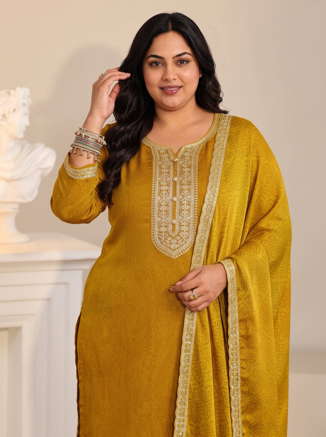  Plus Size Mustard Floral Embellished Chinon Straight Suit Set 