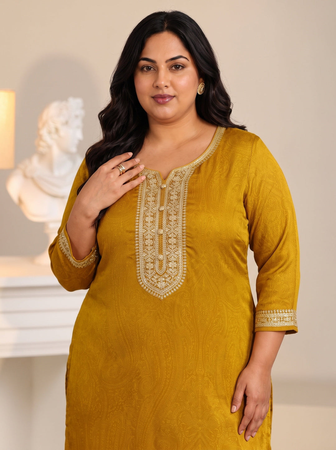  Plus Size Mustard Floral Embellished Chinon Straight Suit Set 