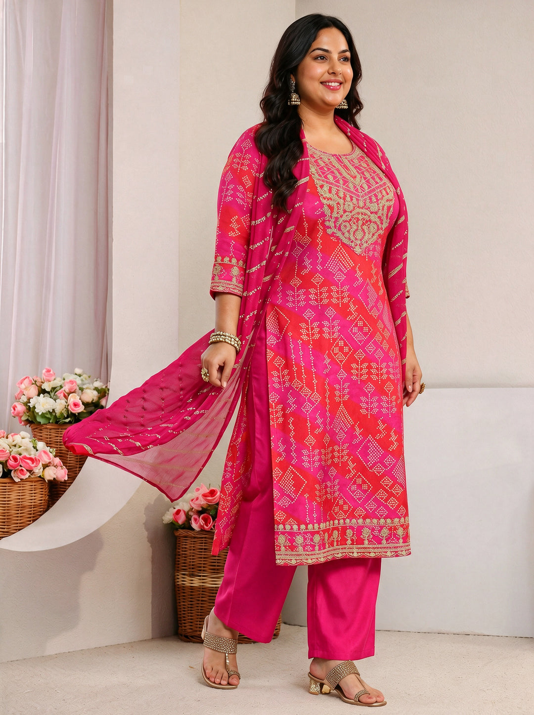  Plus Size Pink Bandhani Printed Silk Blend Straight Suit Set 