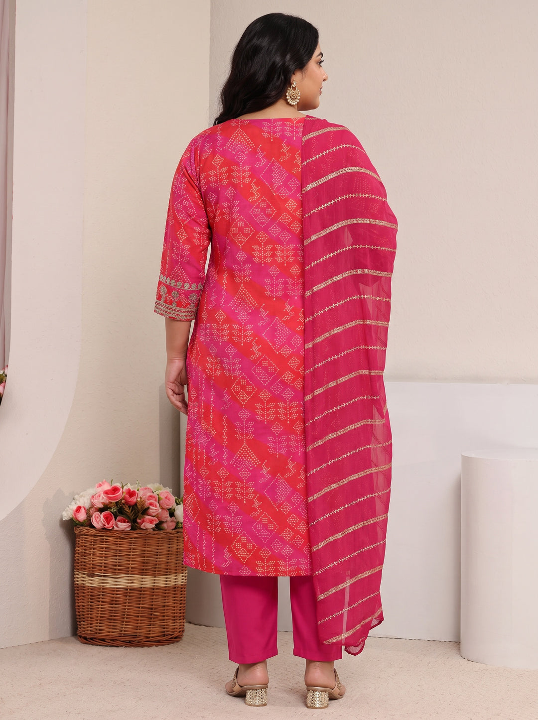  Plus Size Pink Bandhani Printed Silk Blend Straight Suit Set 