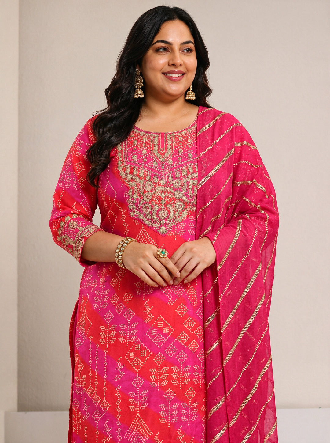  Plus Size Pink Bandhani Printed Silk Blend Straight Suit Set 