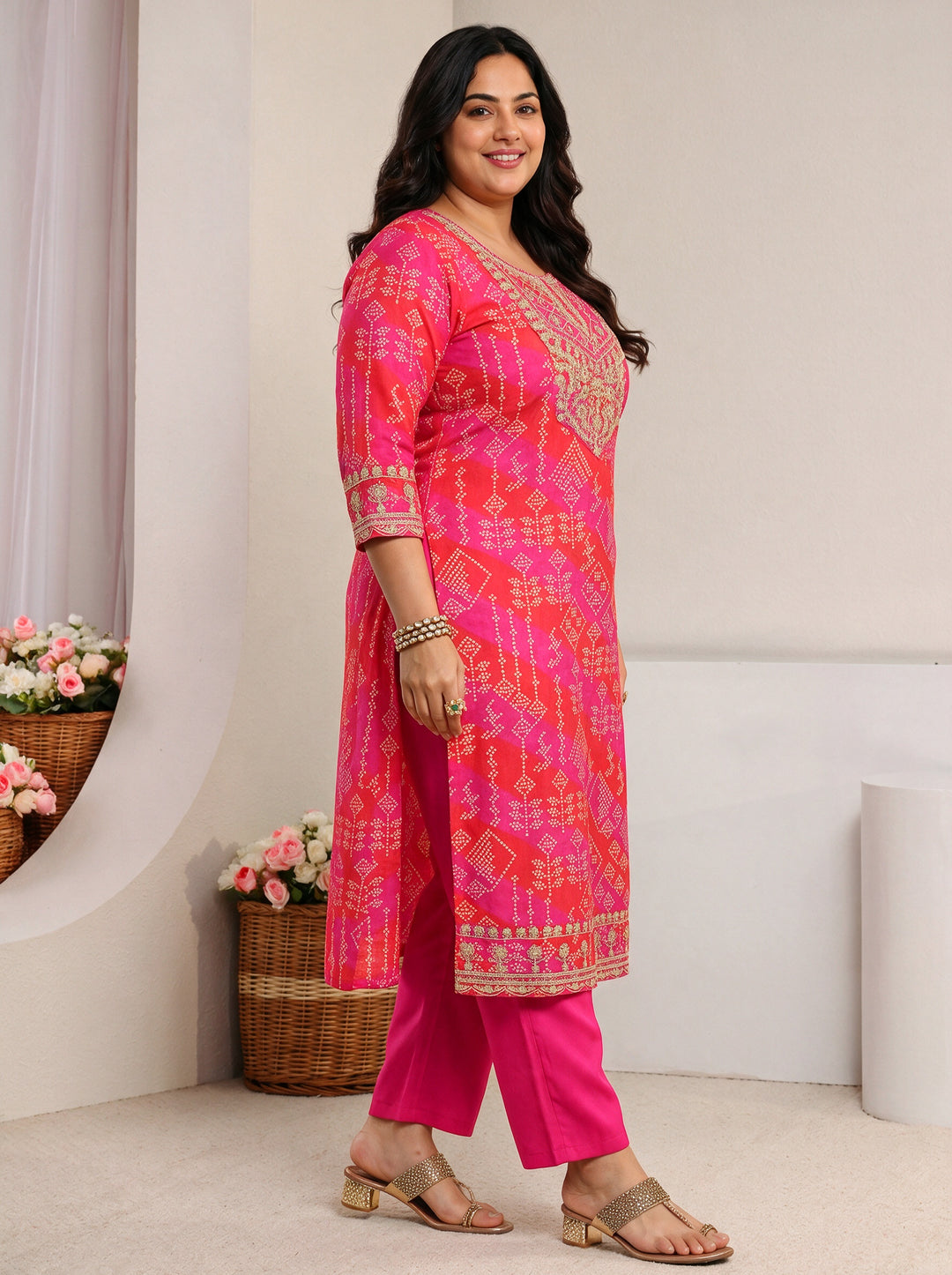  Plus Size Pink Bandhani Printed Silk Blend Straight Suit Set 