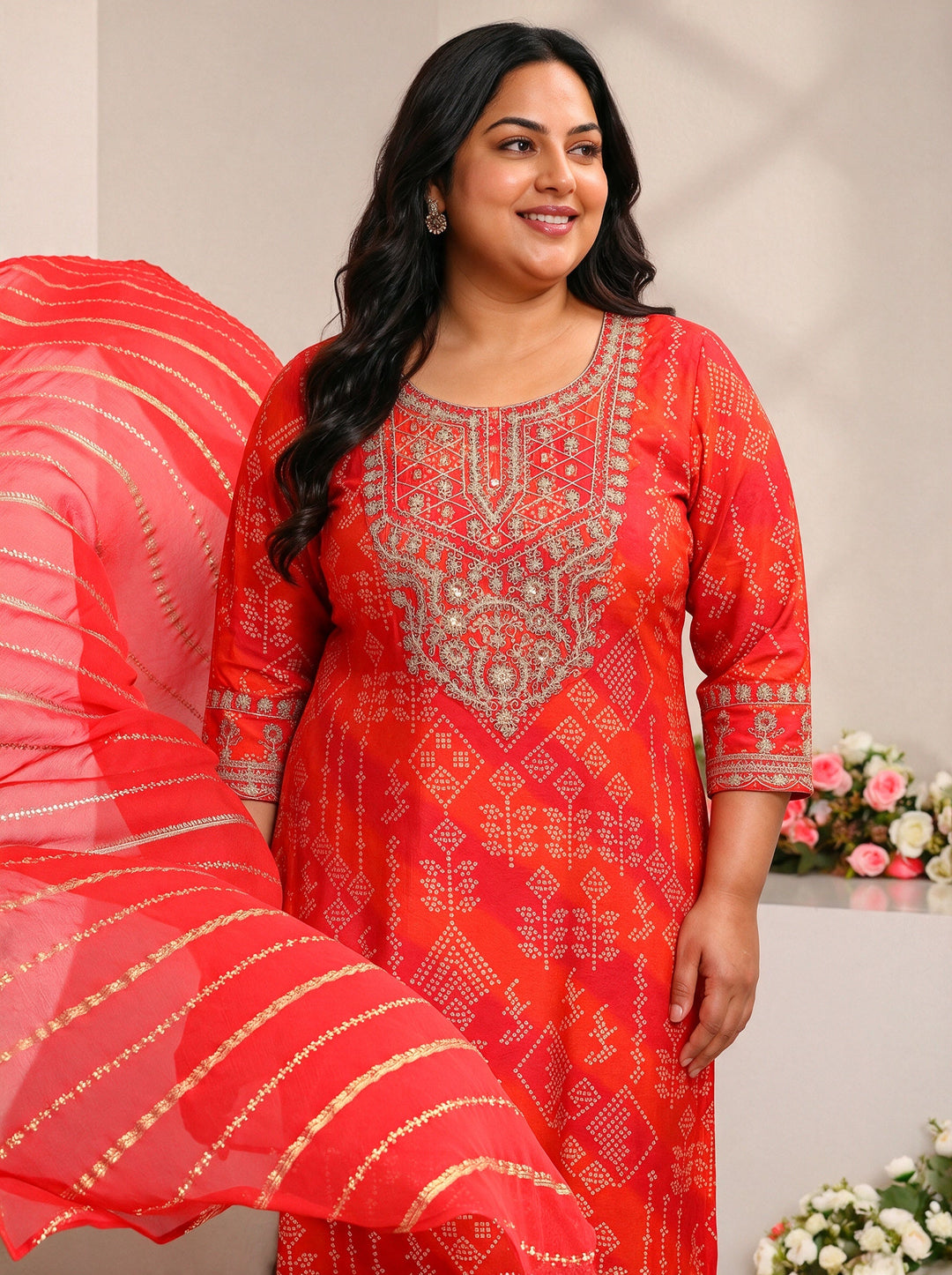  Plus Size Orange Bandhani Printed Silk Blend Straight Suit Set 