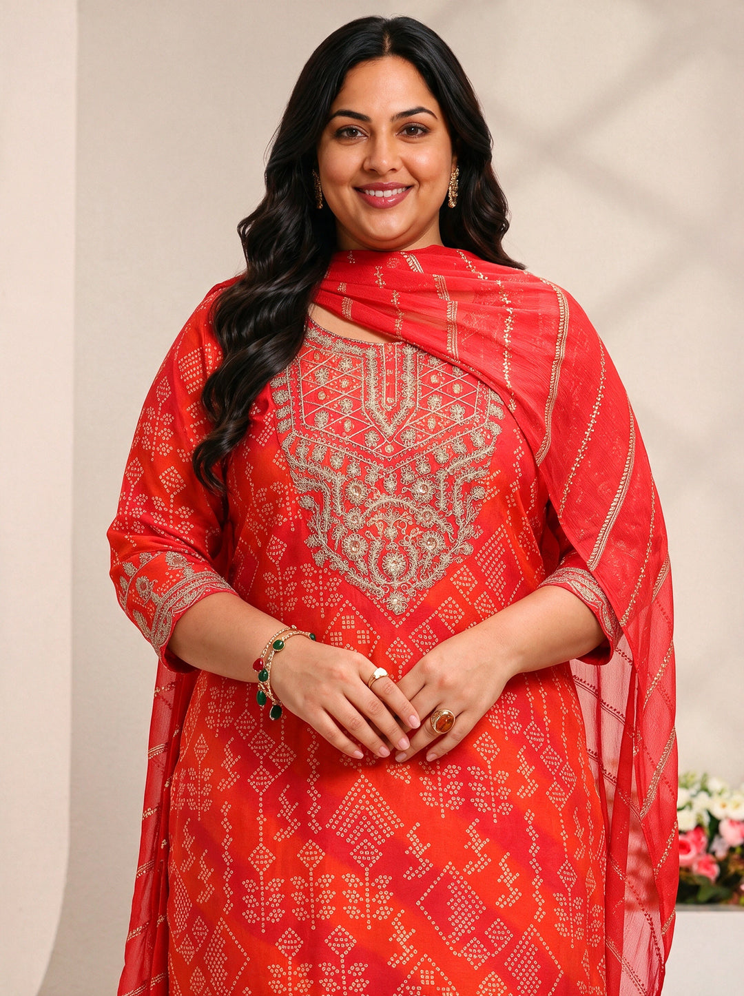  Plus Size Orange Bandhani Printed Silk Blend Straight Suit Set 