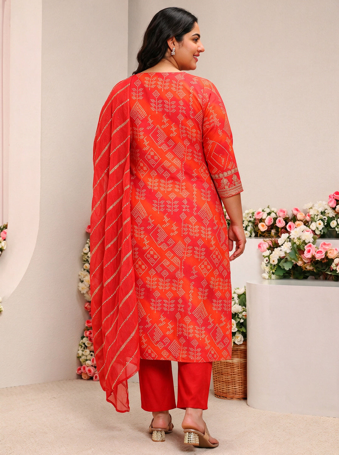  Plus Size Orange Bandhani Printed Silk Blend Straight Suit Set 