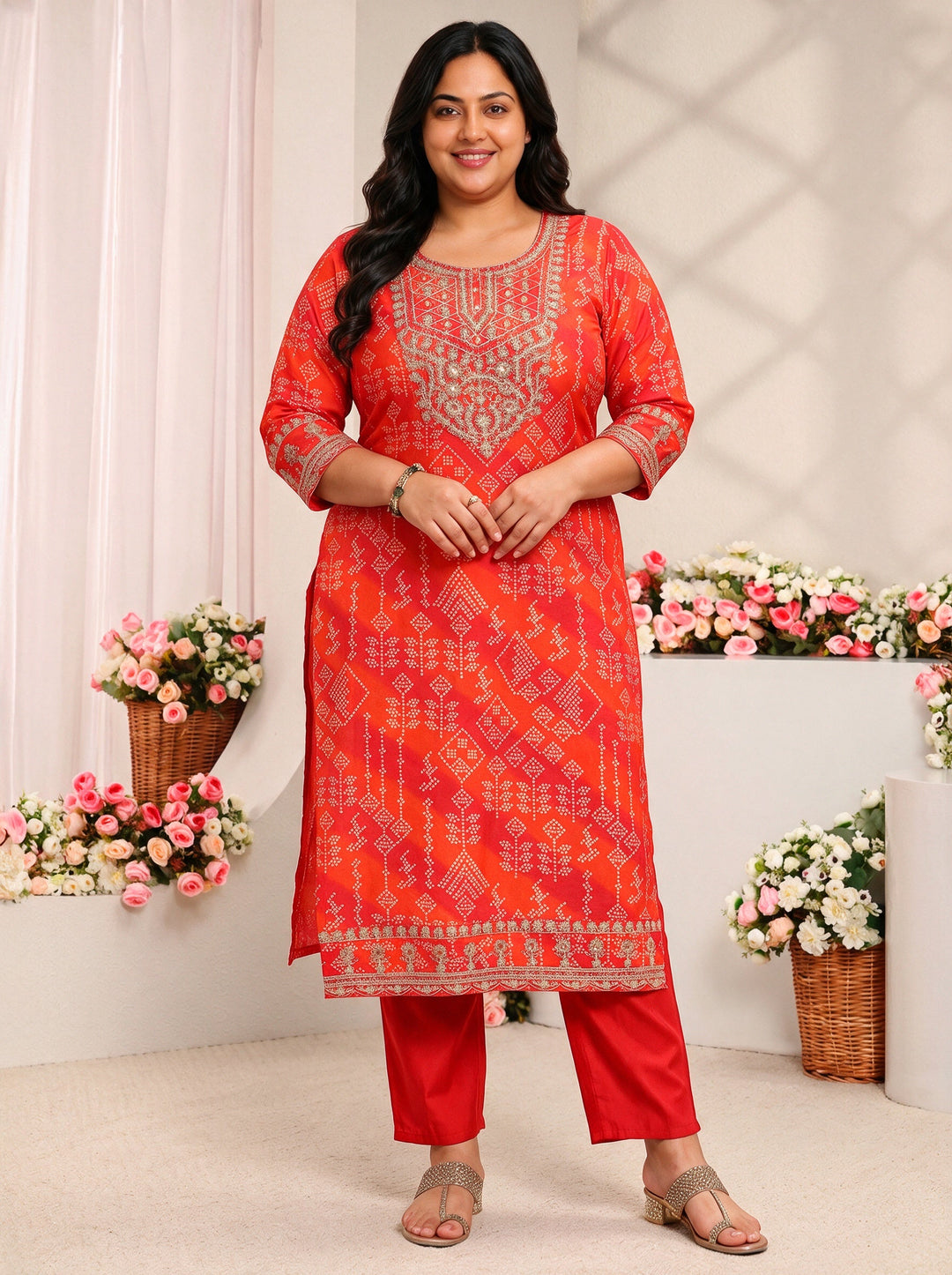  Plus Size Orange Bandhani Printed Silk Blend Straight Suit Set 