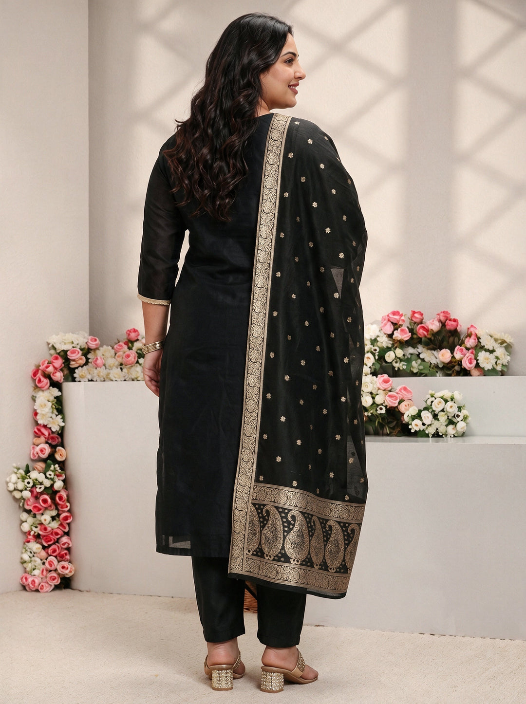  Plus Size Black Embroidered Silk Blend Straight Suit Set With Dupatta 