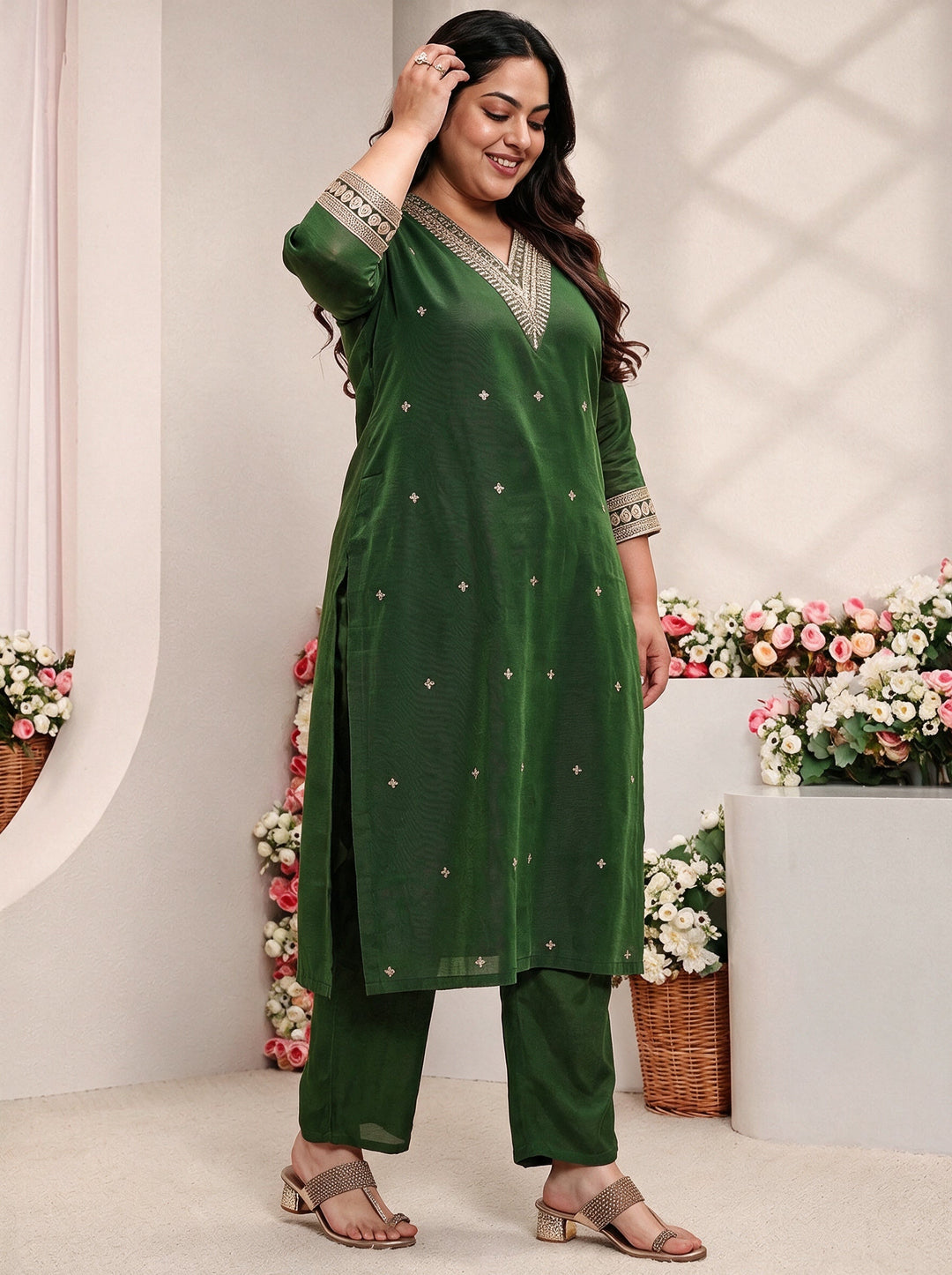  Plus Size Green Embroidered Silk Blend Straight Suit Set With Dupatta 
