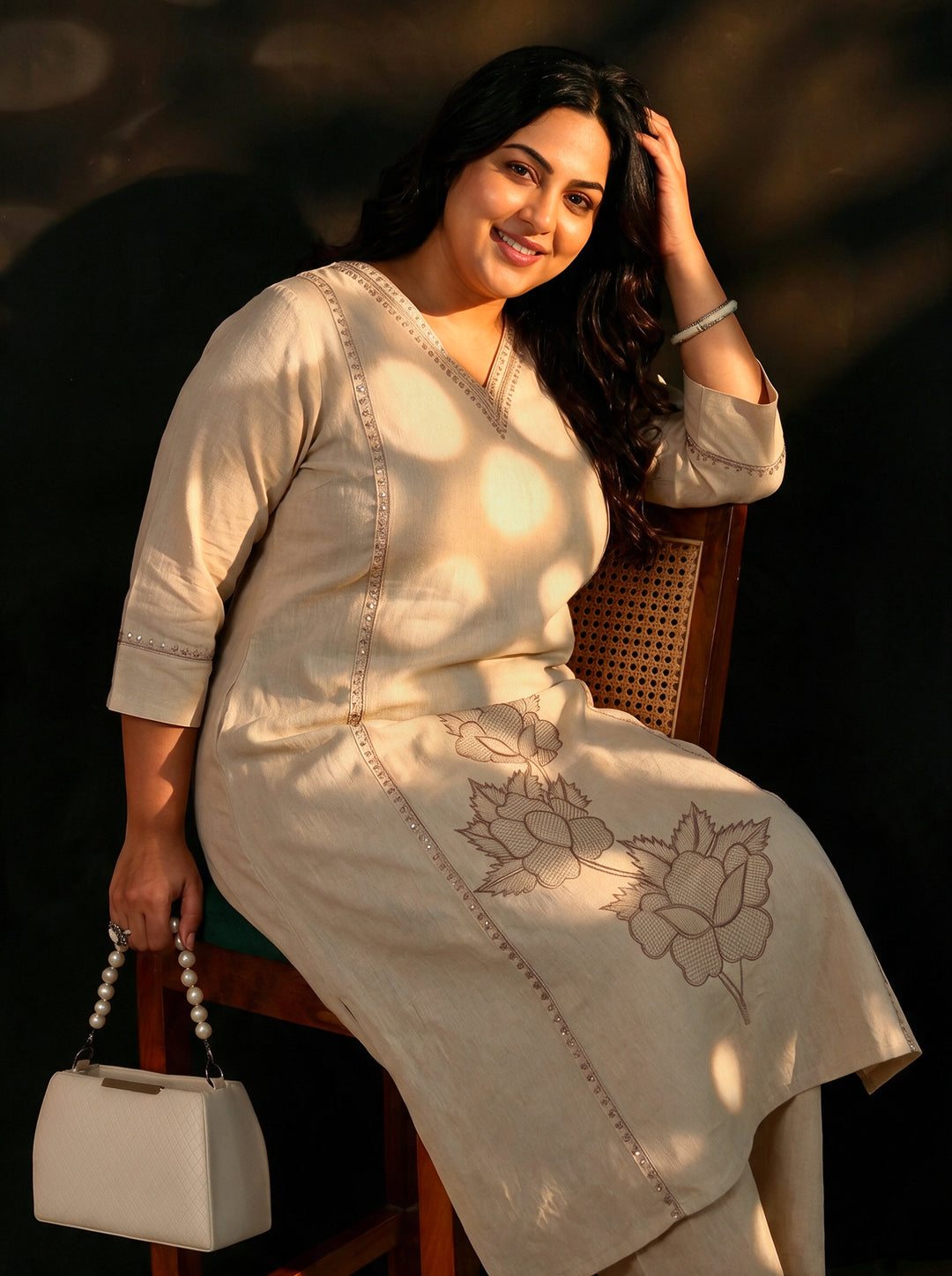 Plus Size Off White Floral Embroidered Cotton Straight Suit Set