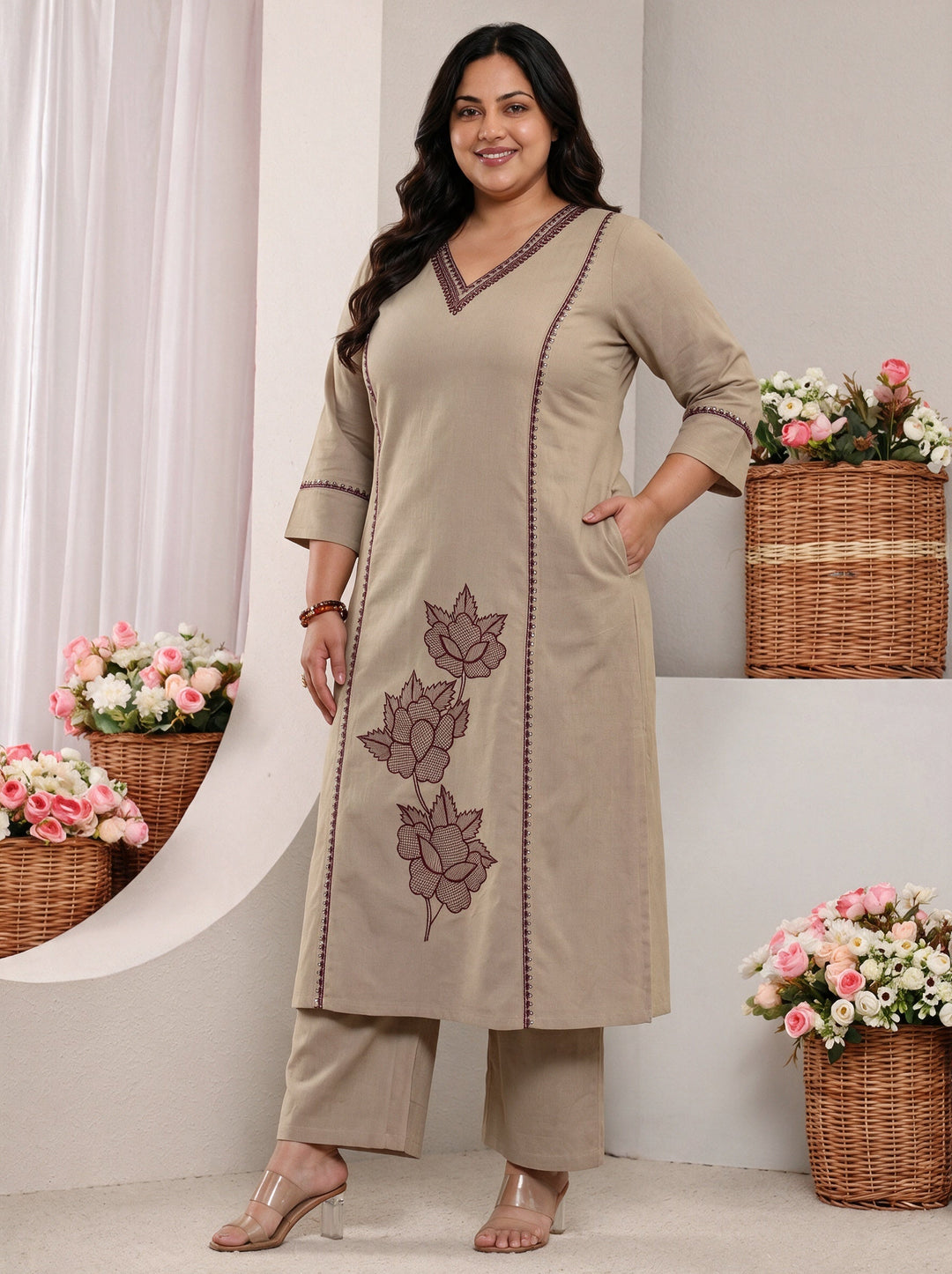  Plus Size Beige Floral Embroidered Cotton Straight Suit Set 
