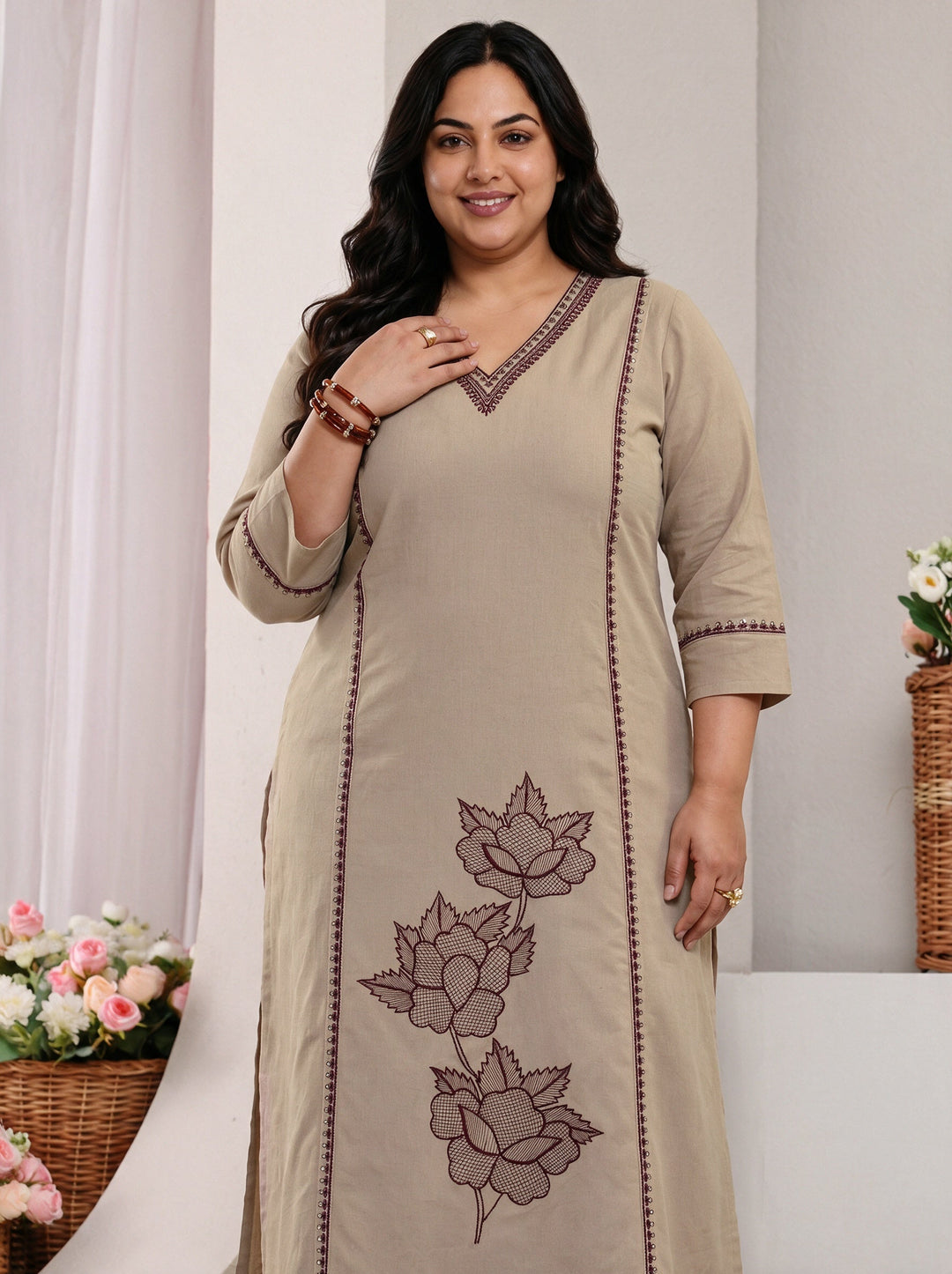  Plus Size Beige Floral Embroidered Cotton Straight Suit Set 