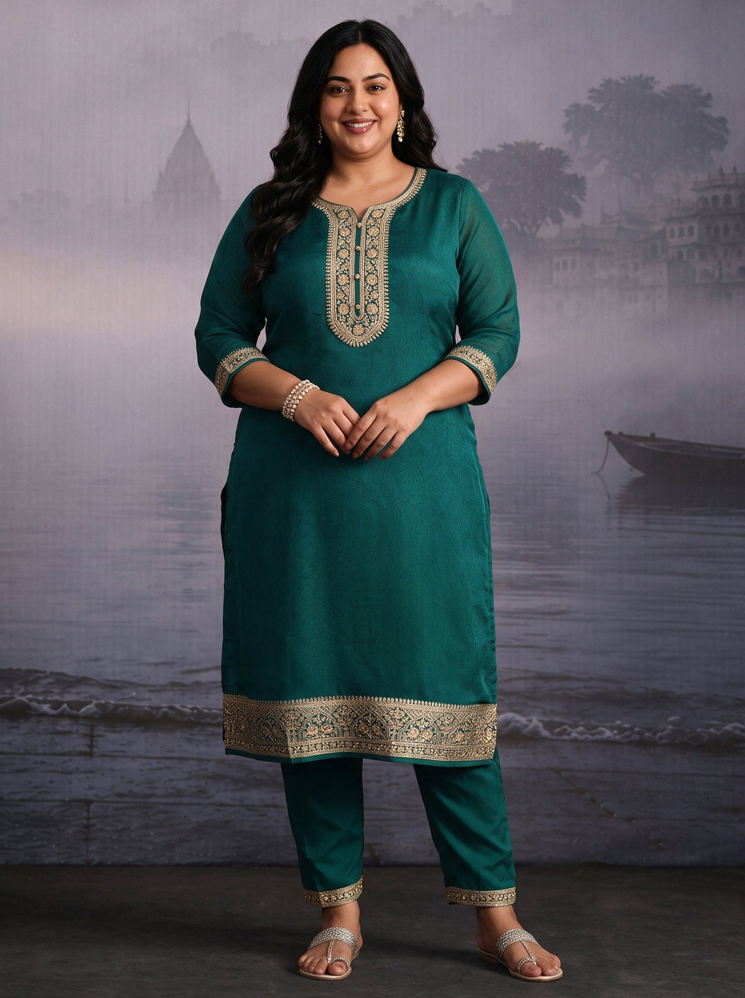  Plus Size Sea Green Yoke Design Chinon Straight Suit Set 