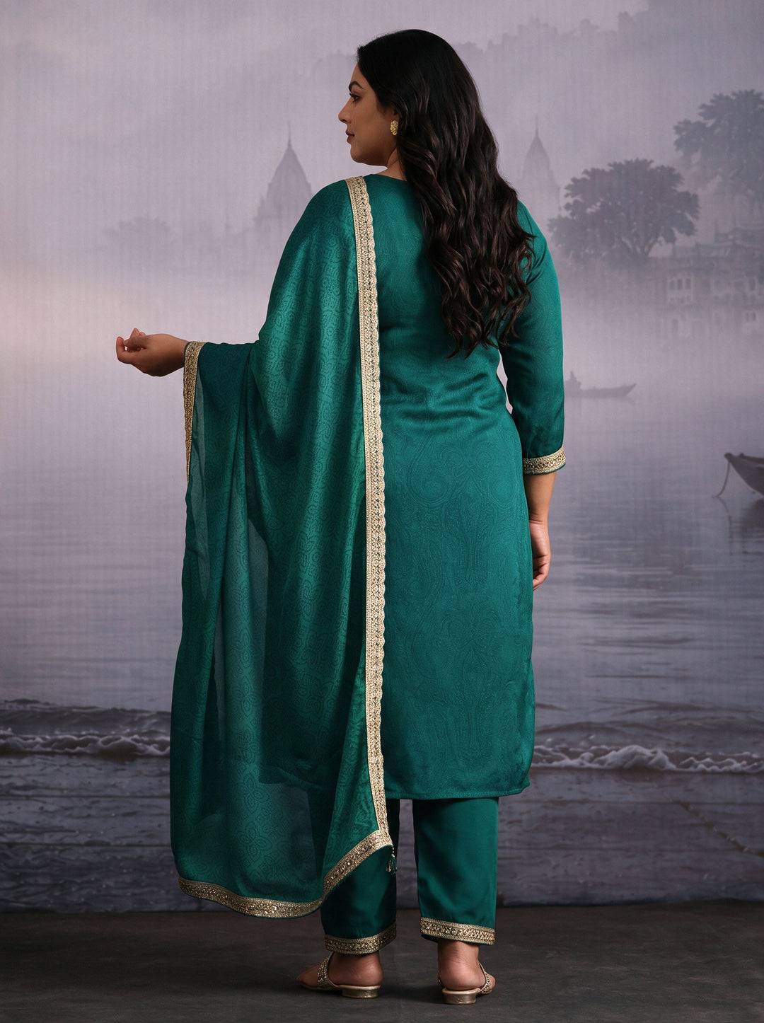  Plus Size Sea Green Yoke Design Chinon Straight Suit Set 