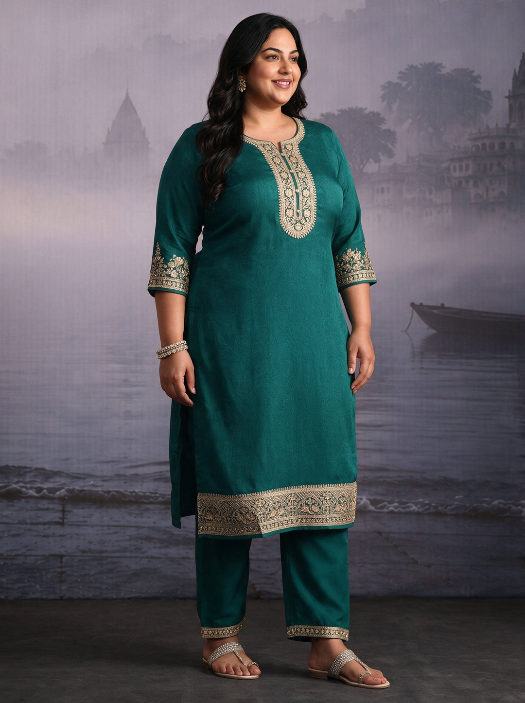  Plus Size Sea Green Yoke Design Chinon Straight Suit Set 