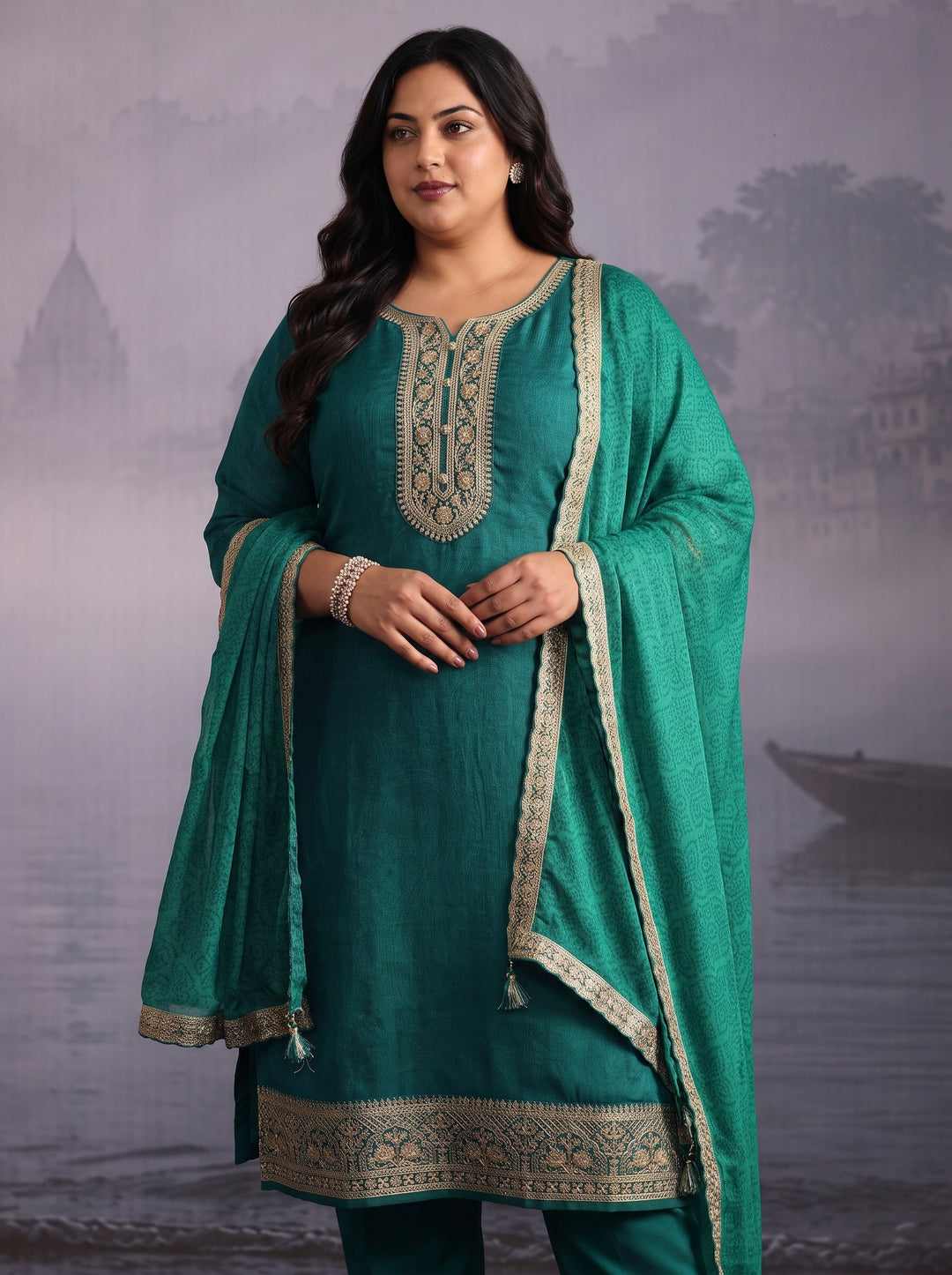  Plus Size Sea Green Yoke Design Chinon Straight Suit Set 