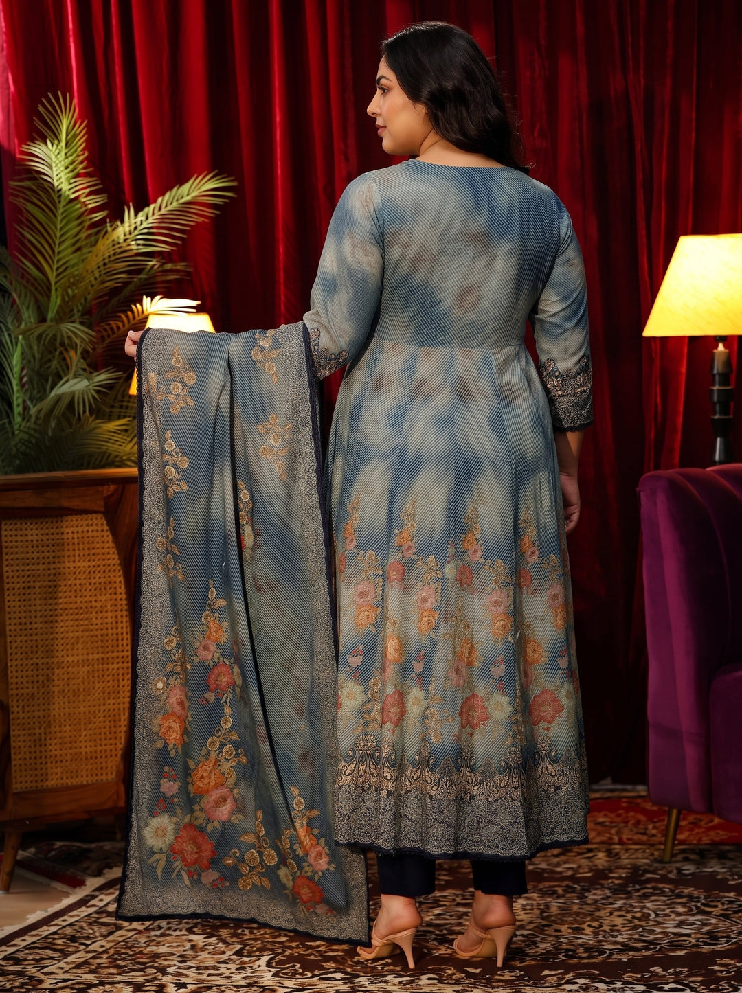  Plus Size Dusty Blue Floral Printed Cotton Anarkali Suit Set 