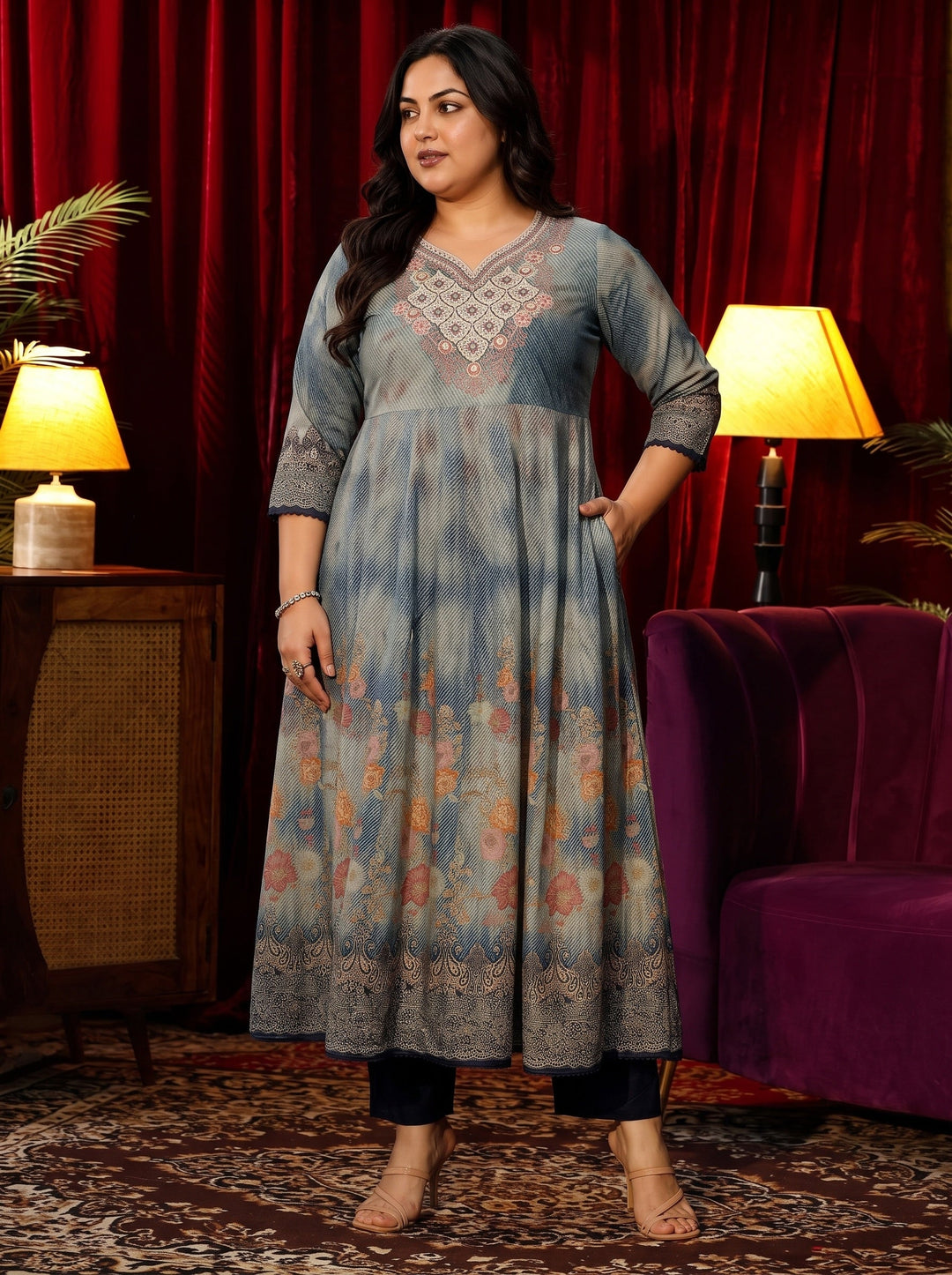  Plus Size Dusty Blue Floral Printed Cotton Anarkali Suit Set 