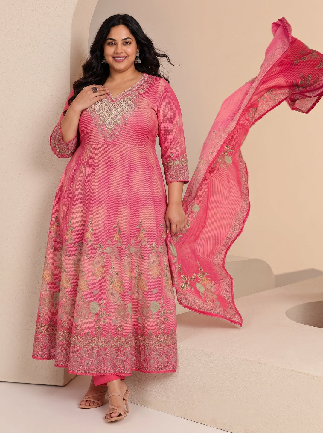  Plus Size Pink Floral Printed Cotton Anarkali Suit Set 