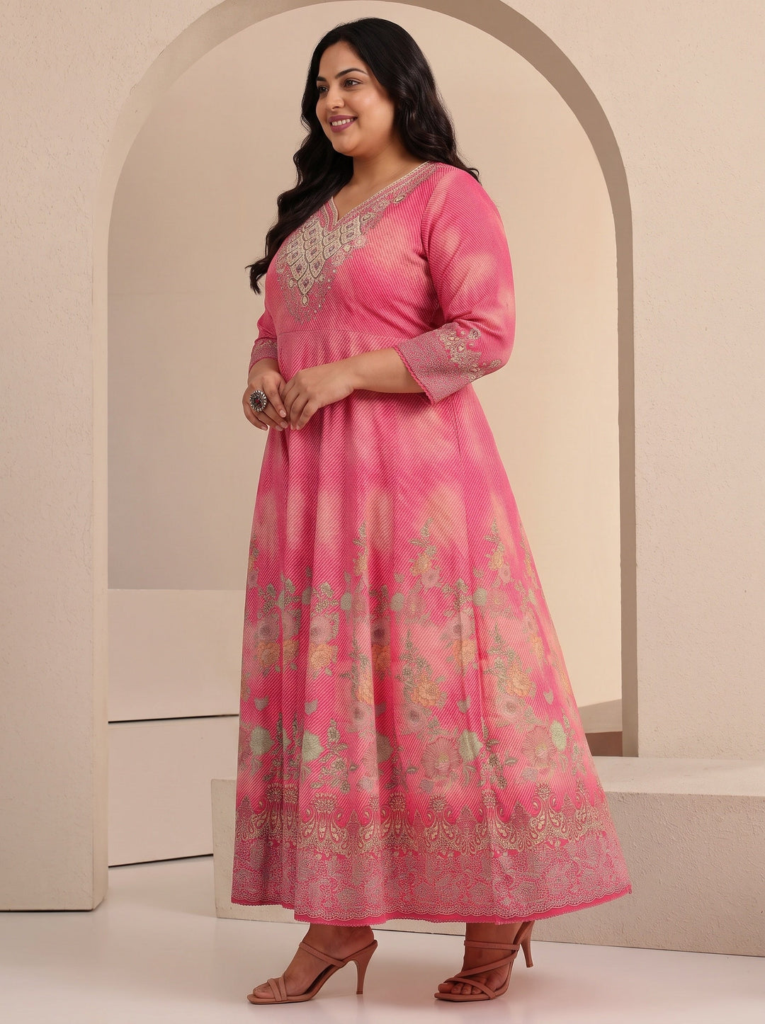  Plus Size Pink Floral Printed Cotton Anarkali Suit Set 