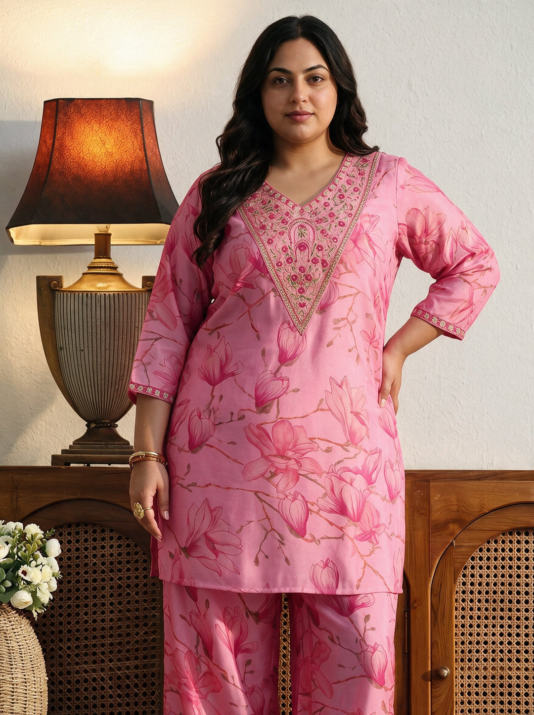  Plus Size Pink Floral Print Silk Blend Co-Ord Set 