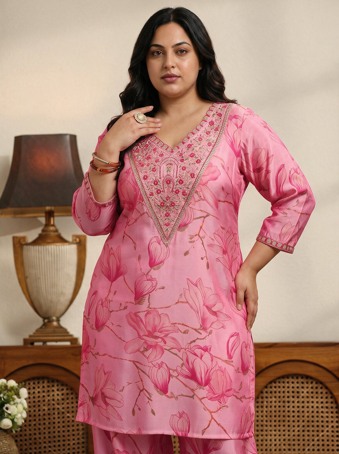  Plus Size Pink Floral Print Silk Blend Co-Ord Set 