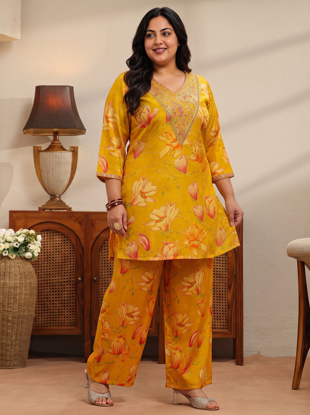  Plus Size Mustard Floral Print Silk Blend Co-Ord Set 