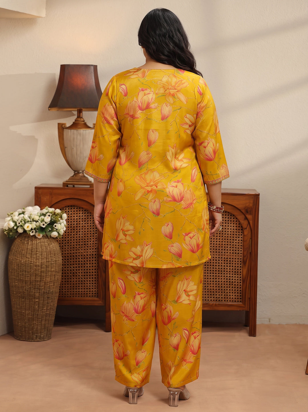  Plus Size Mustard Floral Print Silk Blend Co-Ord Set 