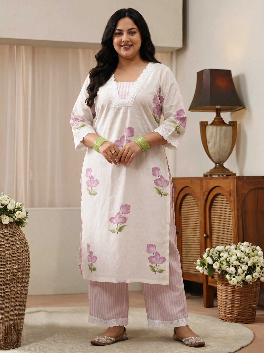  Plus Size White Floral Printed Cotton Straight Suit Set 