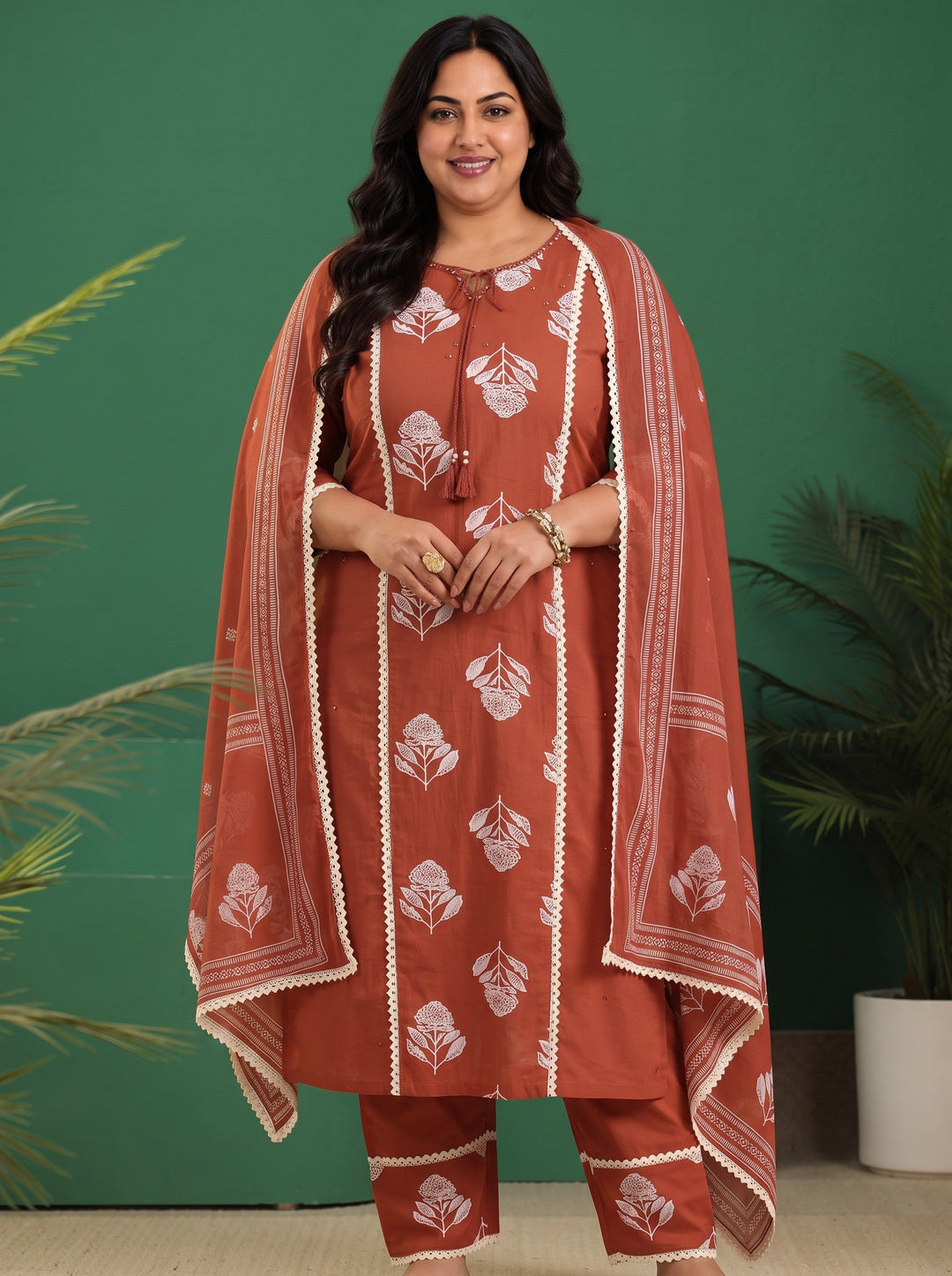  Plus Size Burnt Orange Floral Printed Cotton Straight Suit Set 