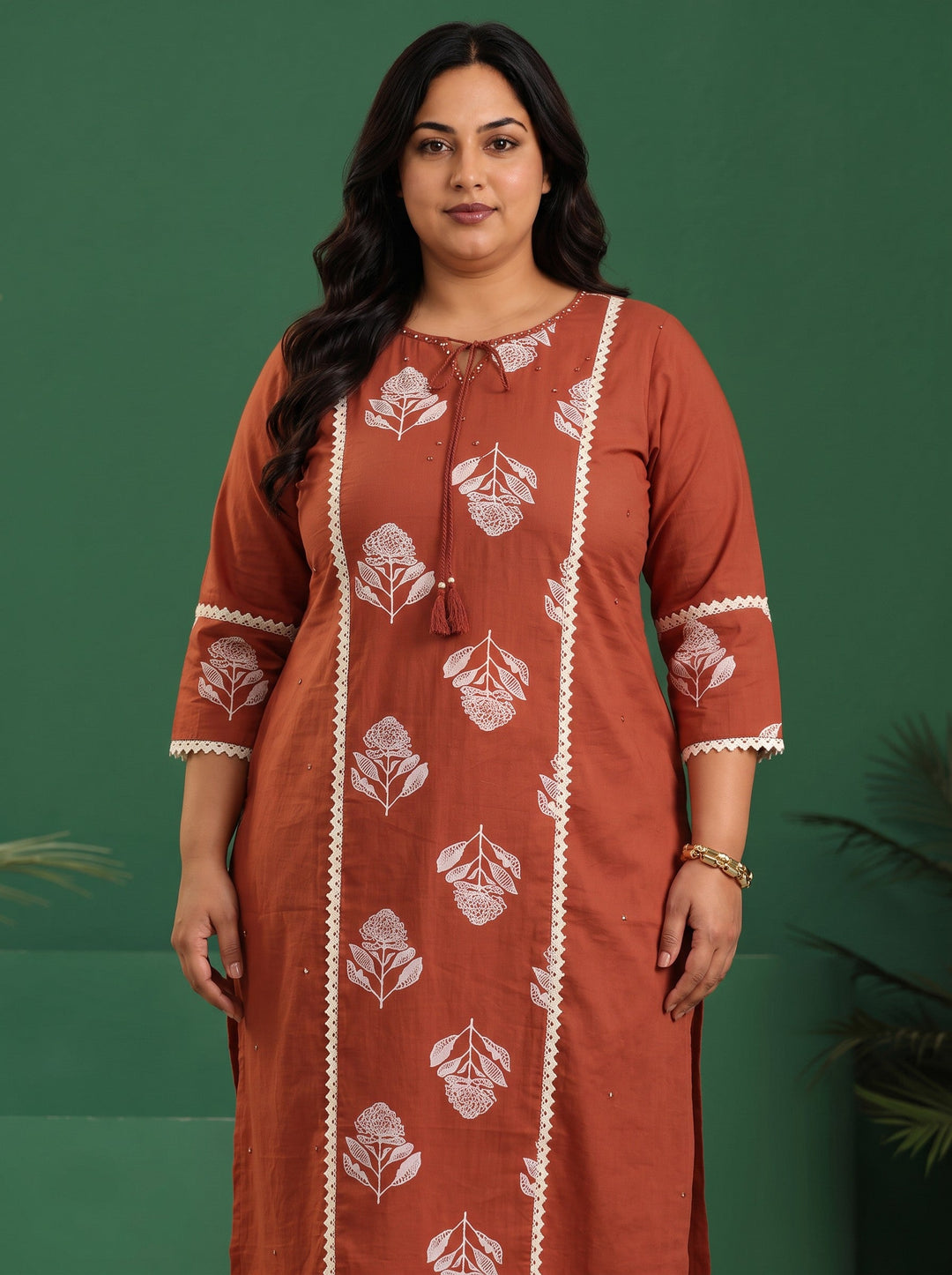  Plus Size Burnt Orange Floral Printed Cotton Straight Suit Set 