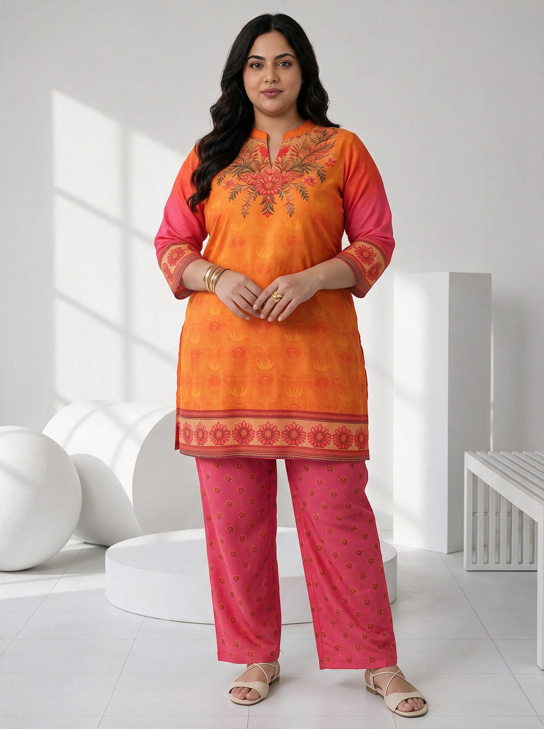  Plus Size Orange and Pink Printed Chiffon Straight Kurta Set 