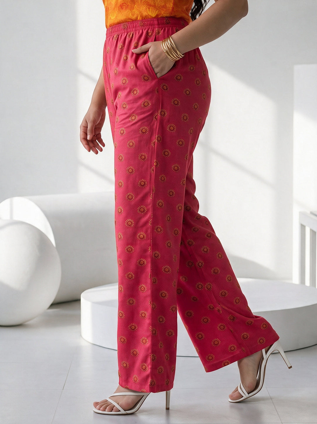  Plus Size Orange and Pink Printed Chiffon Straight Kurta Set 