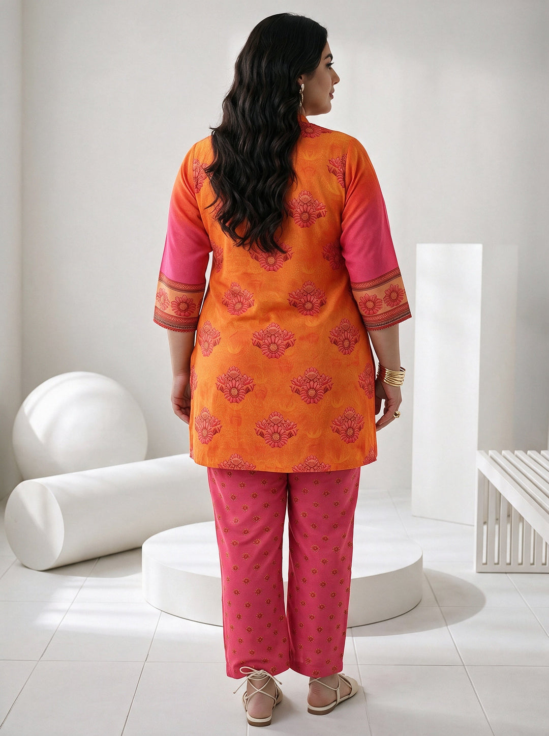  Plus Size Orange and Pink Printed Chiffon Straight Kurta Set 