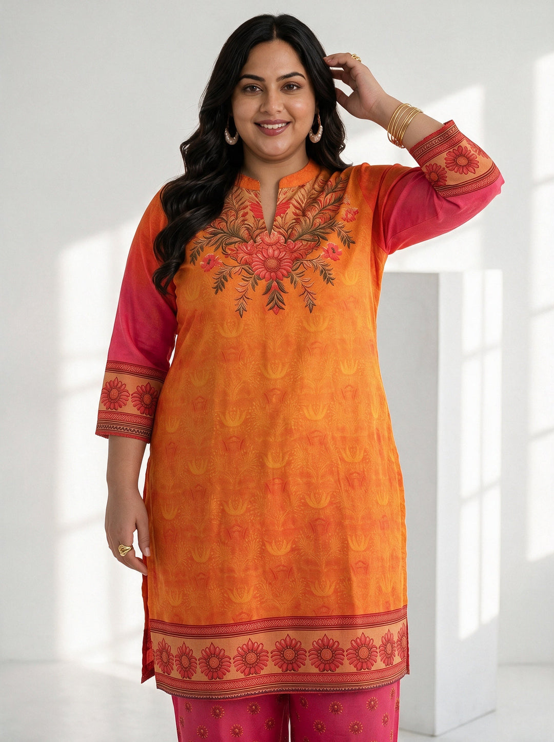  Plus Size Orange and Pink Printed Chiffon Straight Kurta Set 
