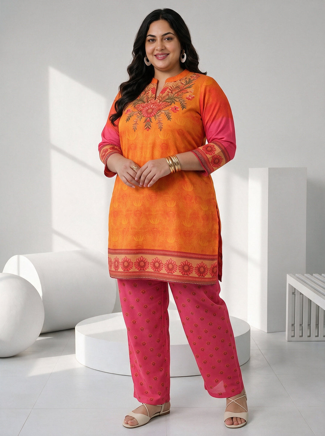  Plus Size Orange and Pink Printed Chiffon Straight Kurta Set 