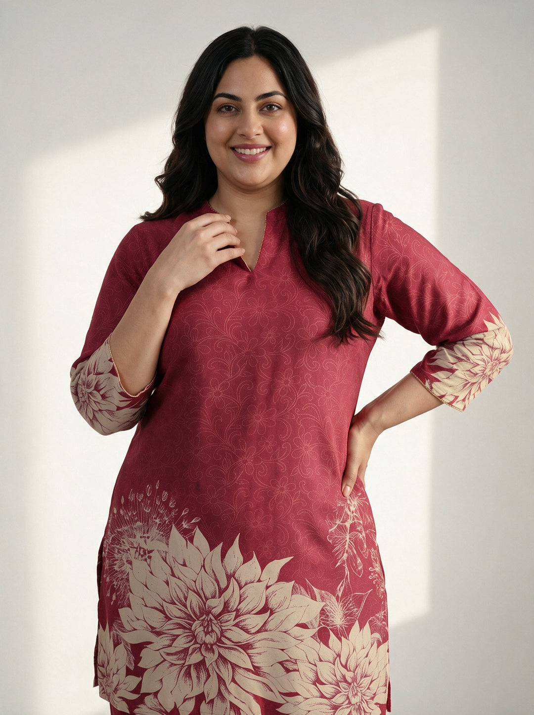  Plus Size Maroon Floral Printed Muslin Straight Kurta Set 
