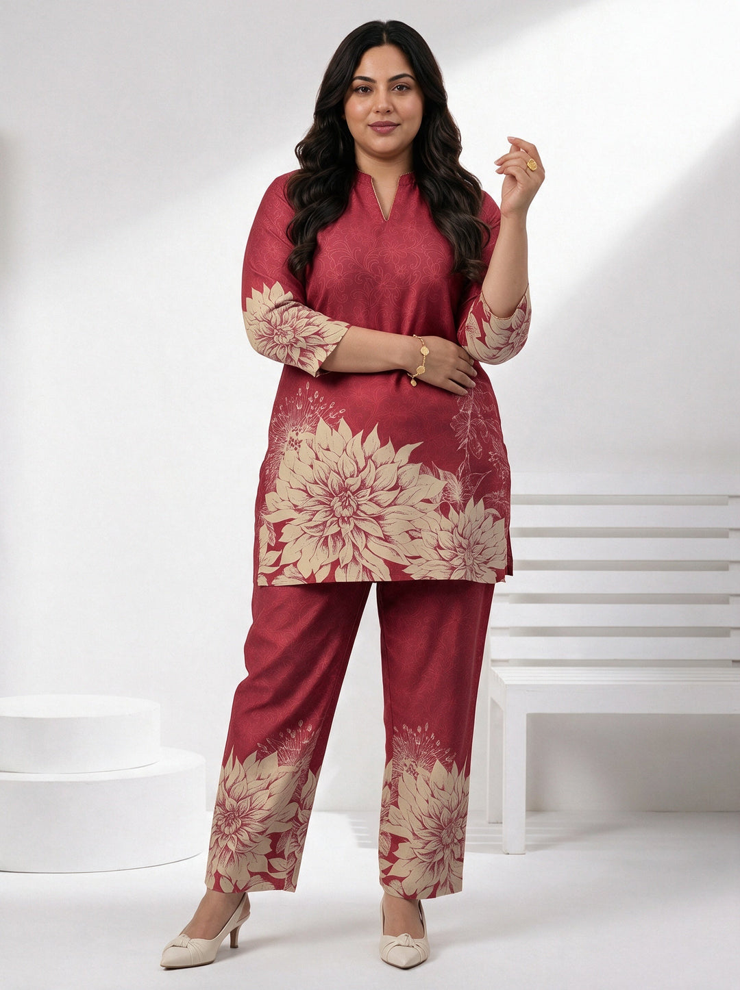  Plus Size Maroon Floral Printed Muslin Straight Kurta Set 